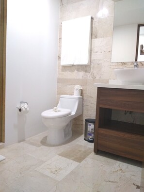 A bathroom with a toilet, a sink, and a mirror.