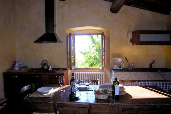 Fridge, high chair, cookware/dishes/utensils