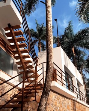 A modern building with a stone facade, a wooden staircase, and palm trees in the background.