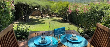A wooden table with blue placemats and a view of a lush garden and distant mountains.