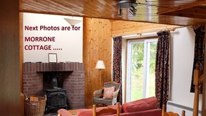 Ein gemütliches Wohnzimmer mit Kamin, einer Couch, einem Esstisch und einem Fenster mit Vorhängen.