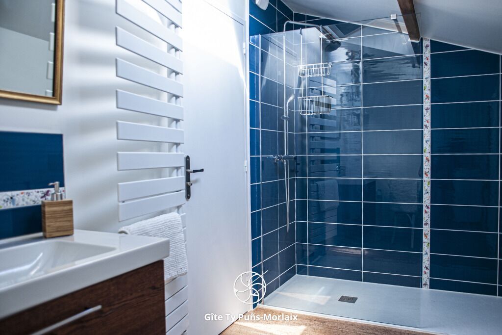 Douche, sèche-cheveux, serviettes fournies, savon