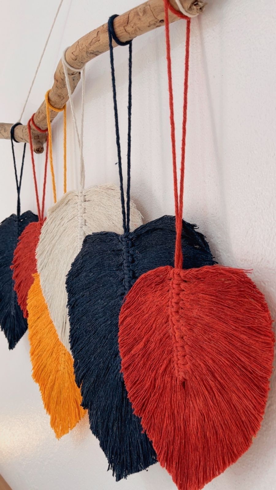 A wall-mounted macrame piece with heart-shaped tassels in red, blue, yellow, and white.