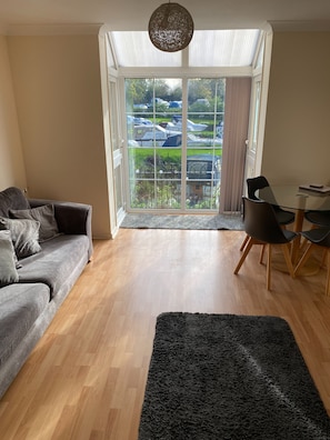 A modern living room with a grey sofa, a black rug, a dining table with chairs, and a large glass door leading to an outdoor area with parked cars and greenery.