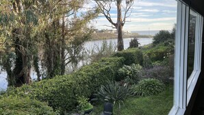 A view from a window overlooking a lake with trees and a chair in the foreground. - Private Beach House with amazing views of Shwan Lake and Twin Lakes Beach (Santa Cruz)