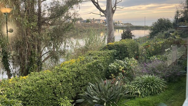 A patio with chairs and a table overlooking a body of water, surrounded by lush greenery and a view of a distant shoreline. - Private Beach House with amazing views of Shwan Lake and Twin Lakes Beach (Santa Cruz)