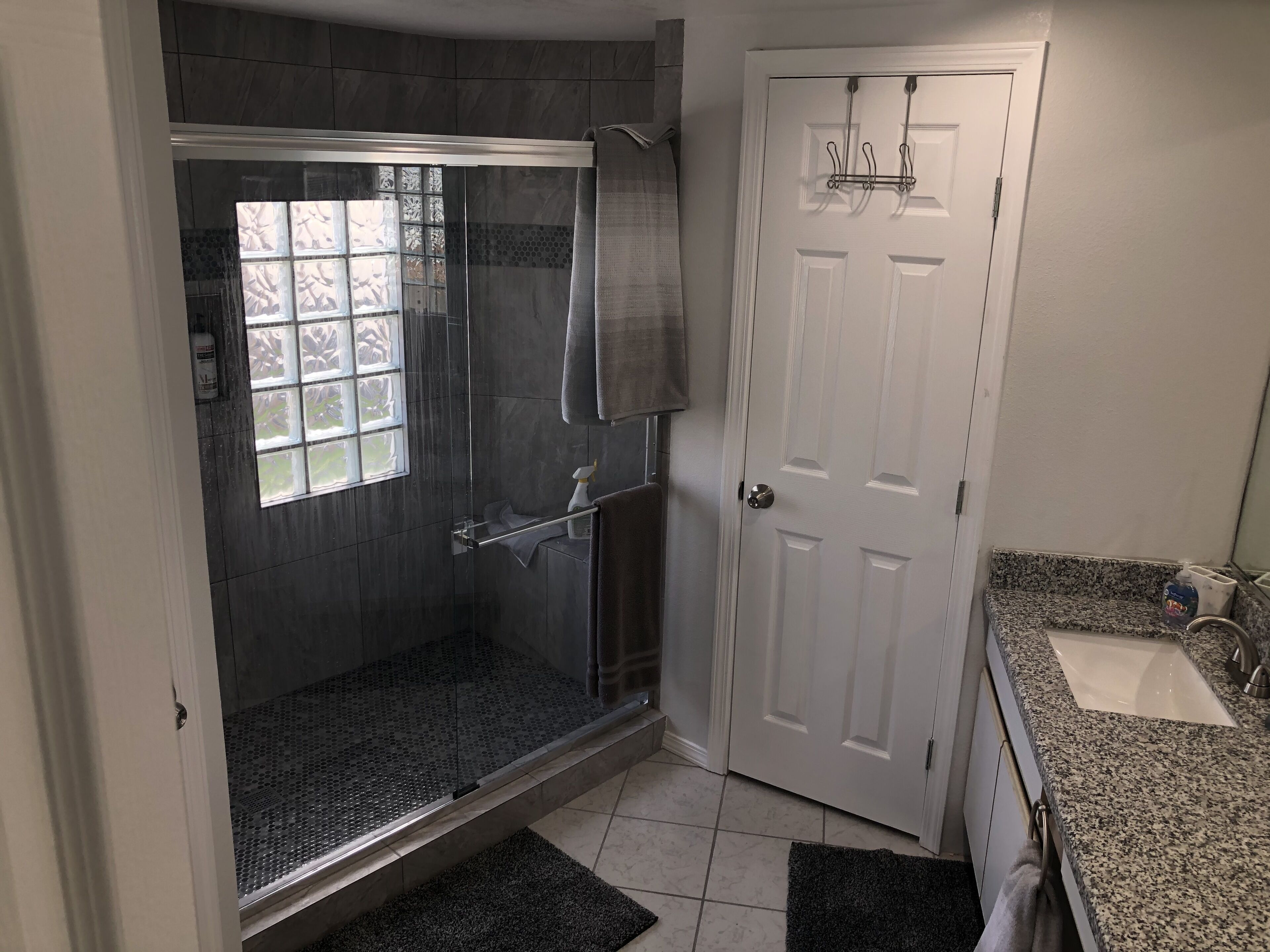 Shower, towels, soap, shampoo