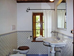 A bathroom with a toilet, sink, and window with curtains.