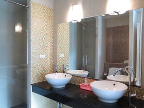 A bathroom with two sinks, a shower, and a mirror.