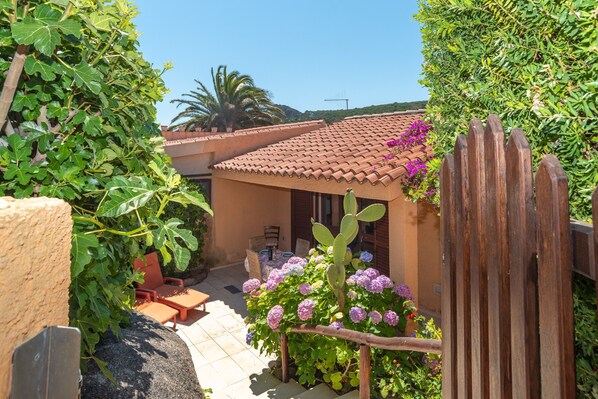 Eine Terrasse mit Gartenmöbeln, einer Kakteepflanze und einem Holzzaun.