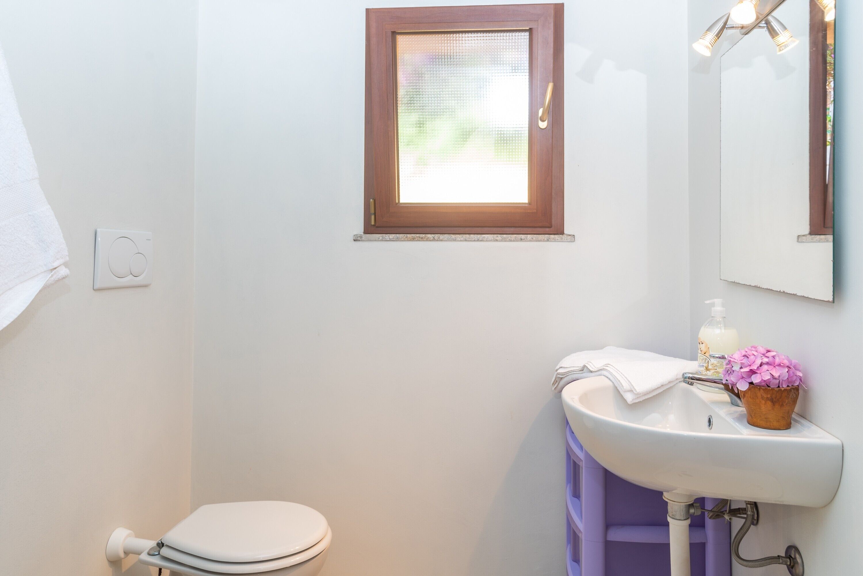 Een badkamer met toilet, raam, wastafel en spiegel.
