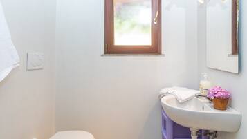 Een badkamer met toilet, raam, wastafel en spiegel.