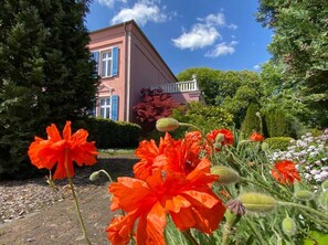 En lyserød bygning med blå skodder, omgivet af frodigt grønt og kraftige orange blomster.