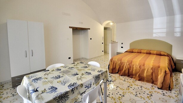 Een slaapkamer met een bed, een tafel met stoelen, een kledingkast en een kitchenette.