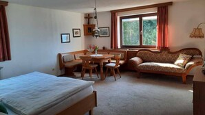 Una habitación con una cama, una mesa de comedor con sillas, un sofá, una ventana con cortinas y un radiador.