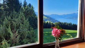 A window with a view of a forest and mountains. - Doppelzimmer 2 - Haus Gertraud Brand (Gahberg)