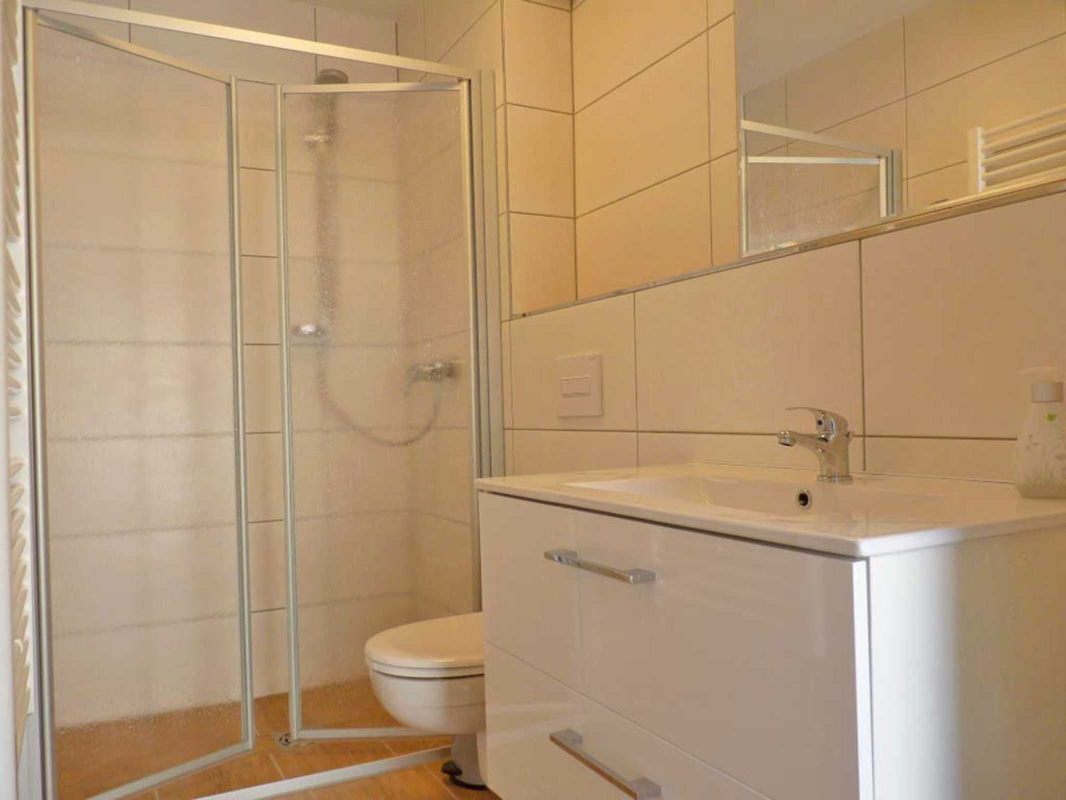 Ein modernes Badezimmer mit einer Duschkabine aus Glas, einer weißen Toilette und einem weißen Waschtisch mit Spiegel.