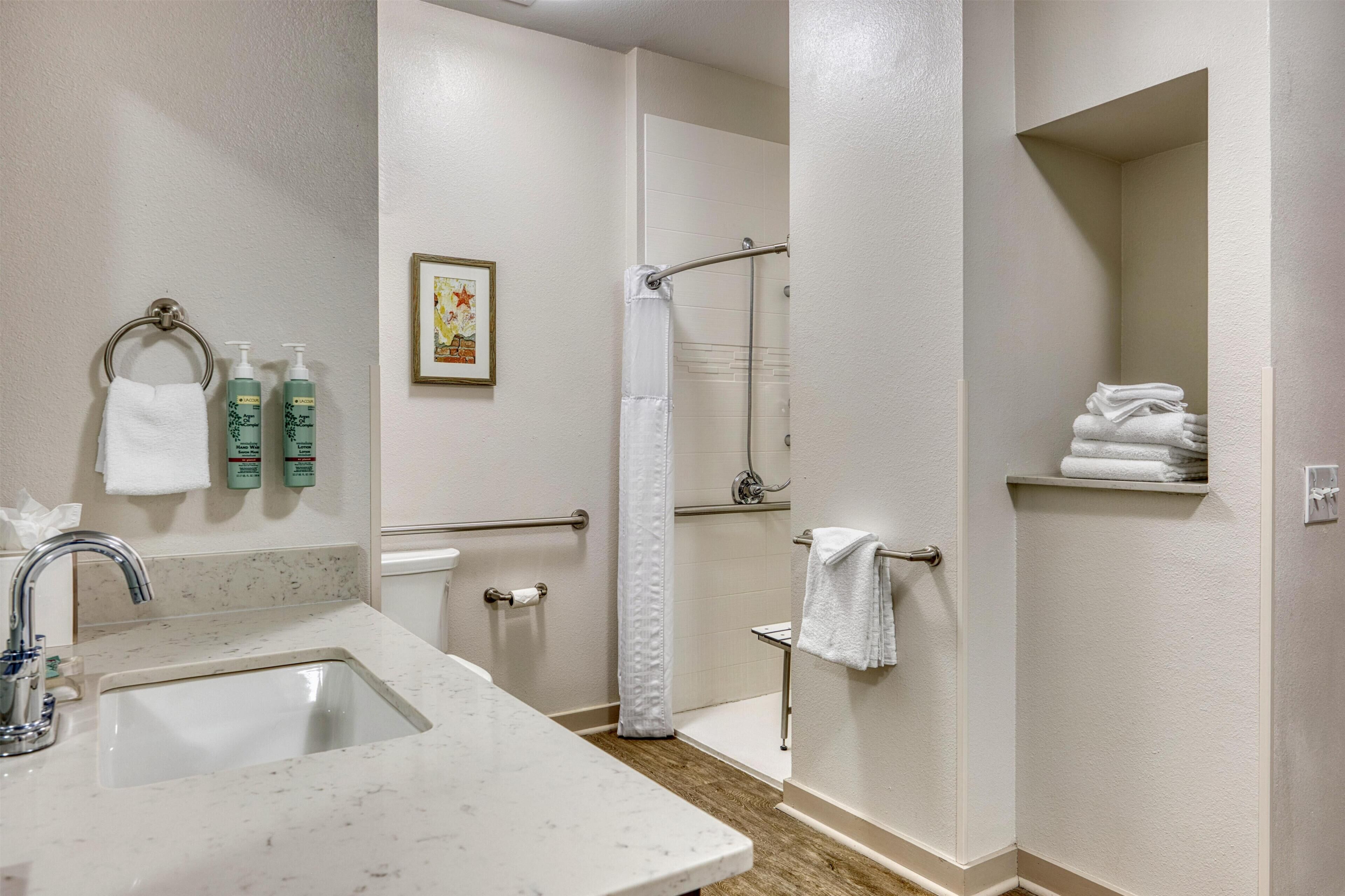 Un baño con lavamanos, jabón de manos, cortina de ducha, inodoro y toallero.