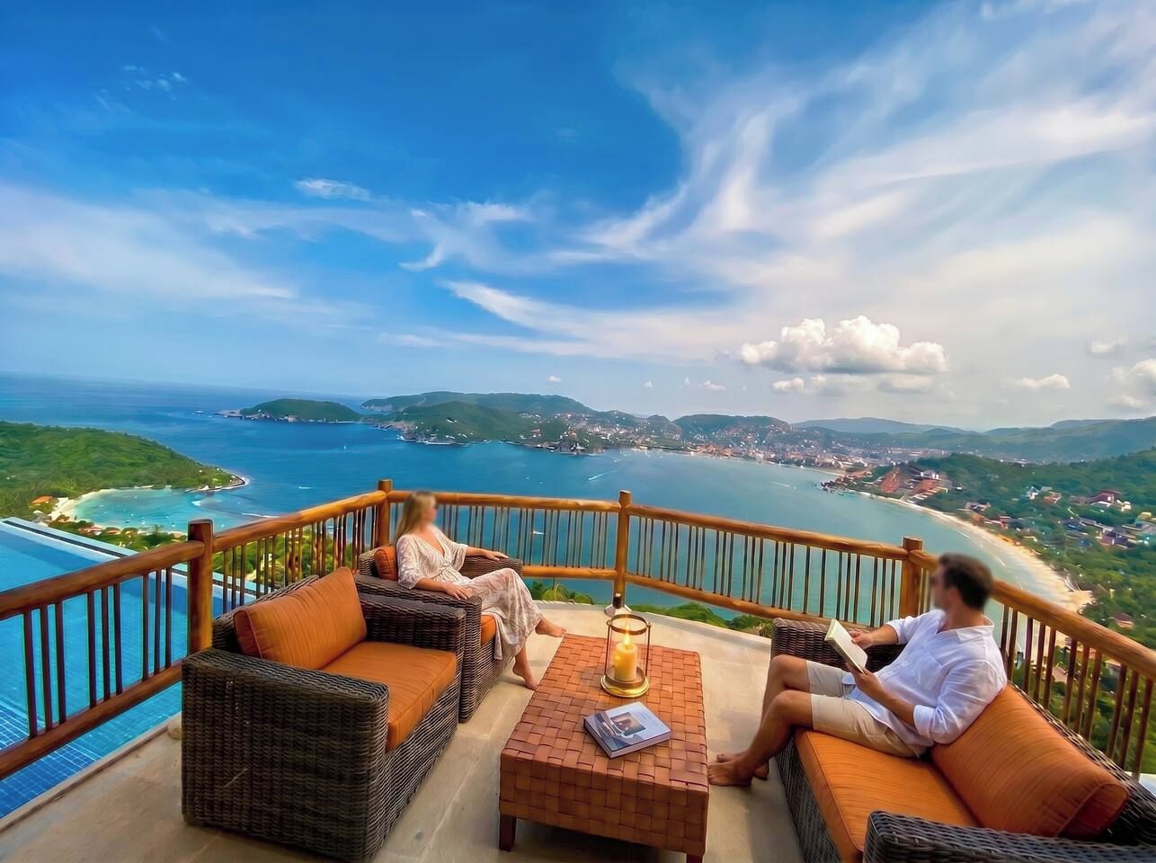 Un balcon agrémenté de meubles en osier et d’une bougie, offrant une vue sur la côte, avec une piscine et une plage.