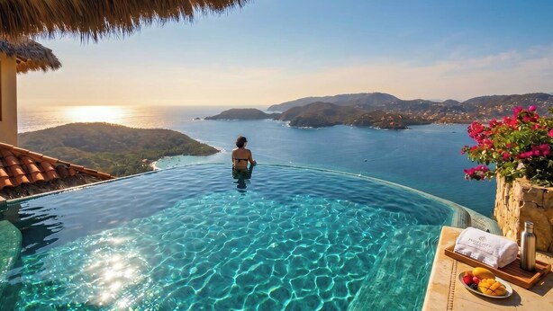 Eine Person in einem Infinity-Pool mit Blick auf eine Küstenlandschaft, inklusive Meer und sanfte Hügel in der Ferne.