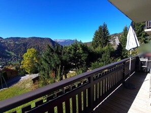 A balcony with a view of a mountainous landscape.