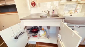 Fridge, microwave, stovetop, cookware/dishes/utensils
