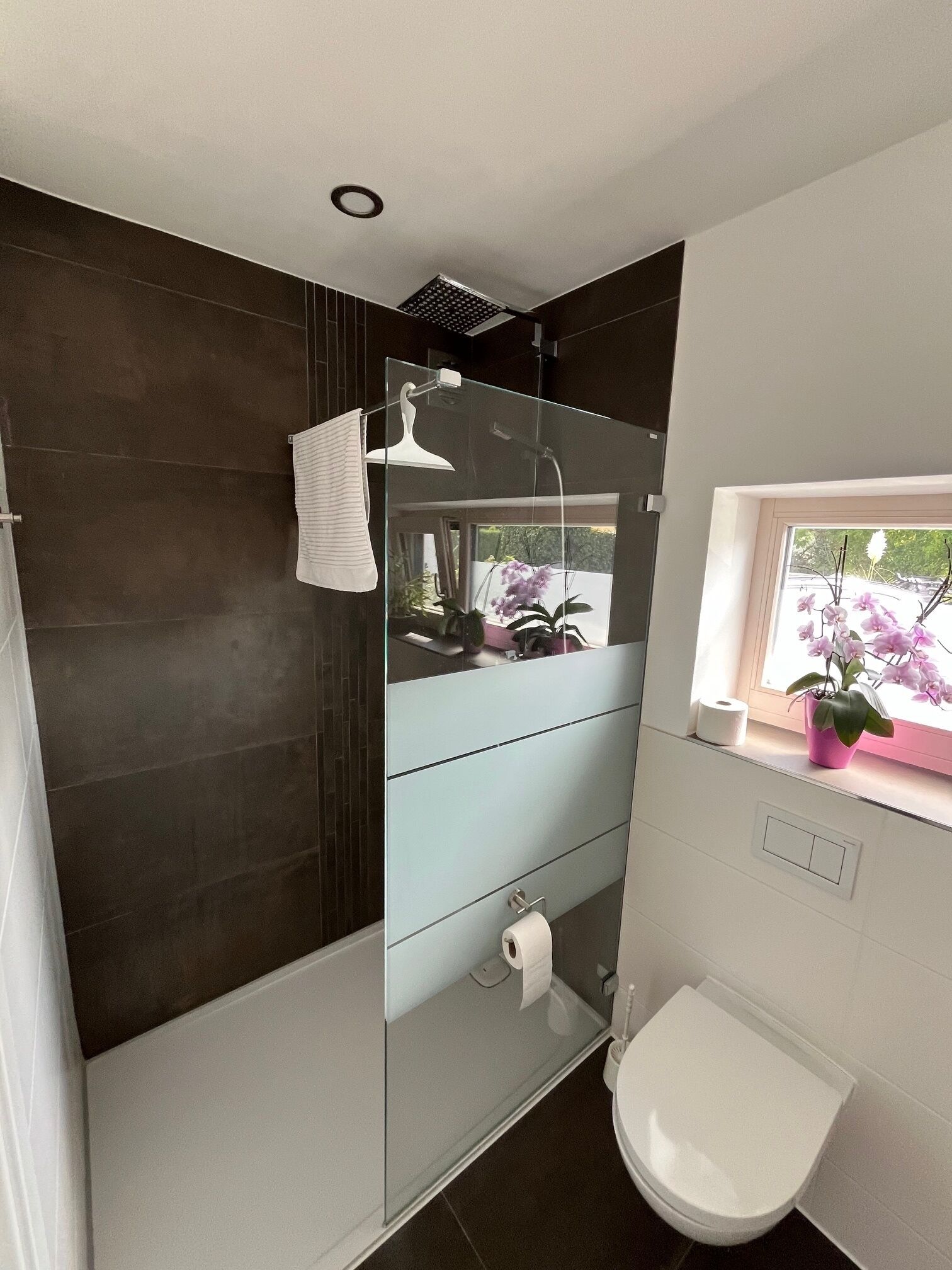 Une salle de bain moderne avec une douche à l’italienne en verre, des toilettes, un lavabo et une fenêtre donnant sur des plantes.