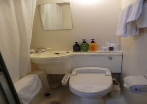A small bathroom with a toilet, sink, and a mirror.