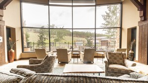 Amplia habitación con grandes ventanales que ofrecen vistas a un área exterior cercada y árboles. Amueblada con sofás y sillones estampados, la habitación cuenta con una mesa de centro y una pequeña mesa con sillas.