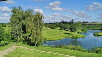 Blick aus einem Fahrzeug auf einen gepflegten Park mit Teich, Wegen und üppigem Grün.
