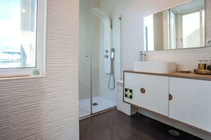 Chuveiro, secador de cabelo, shampoo 