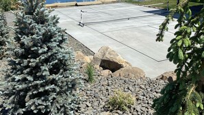 A basketball court with a net, surrounded by rocks and a coniferous tree.