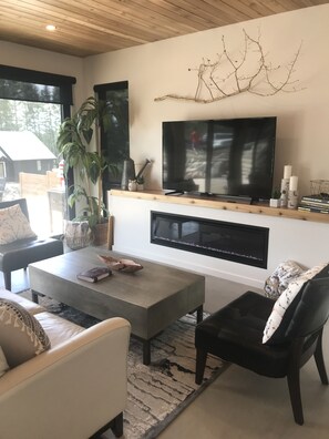 Smart TV, fireplace, books, stereo