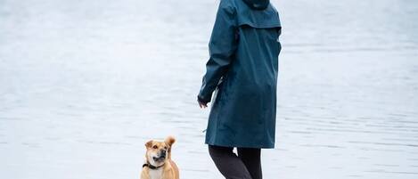 Eine Person in einem blauen Regenmantel und einer gelben Mütze spaziert mit einem Hund über einen sandigen Strand, im Hintergrund ist Wasser zu sehen.