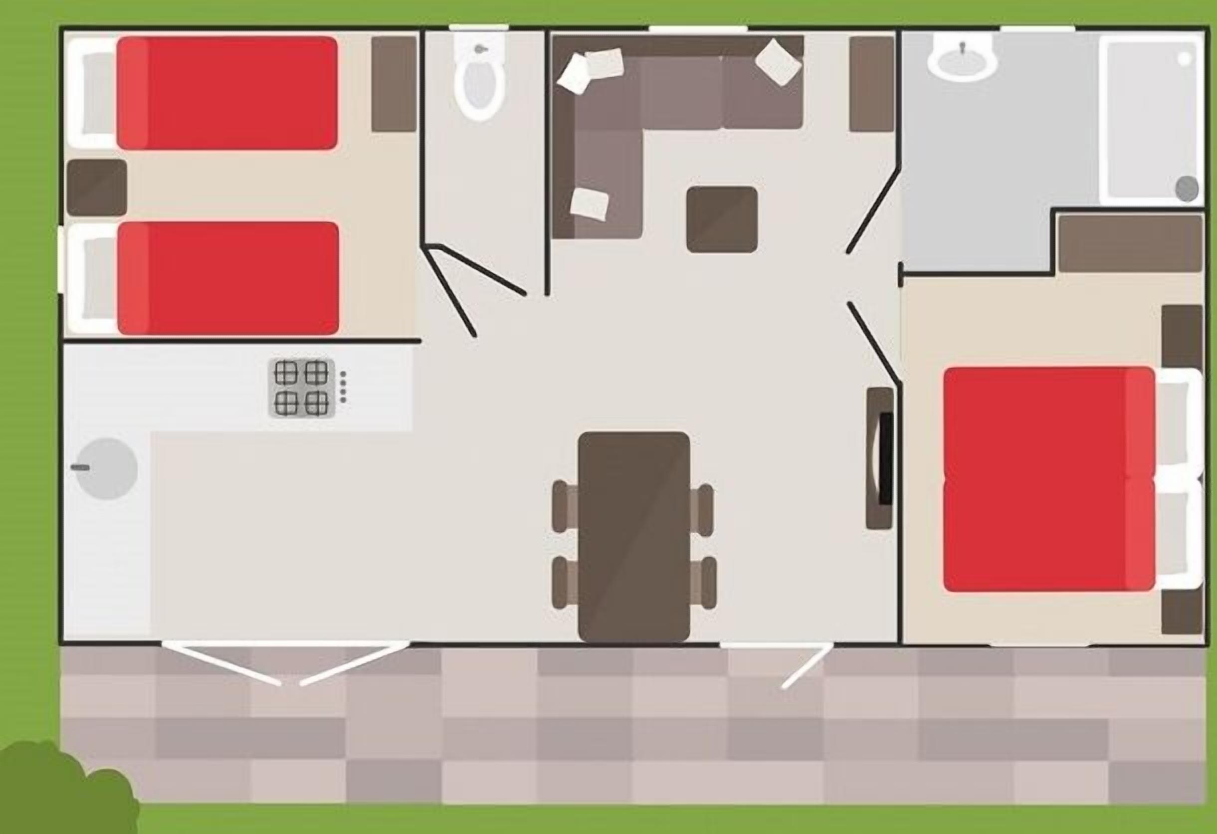 A hotel room layout with a bed, a desk, a chair, a small table, and a bathroom.