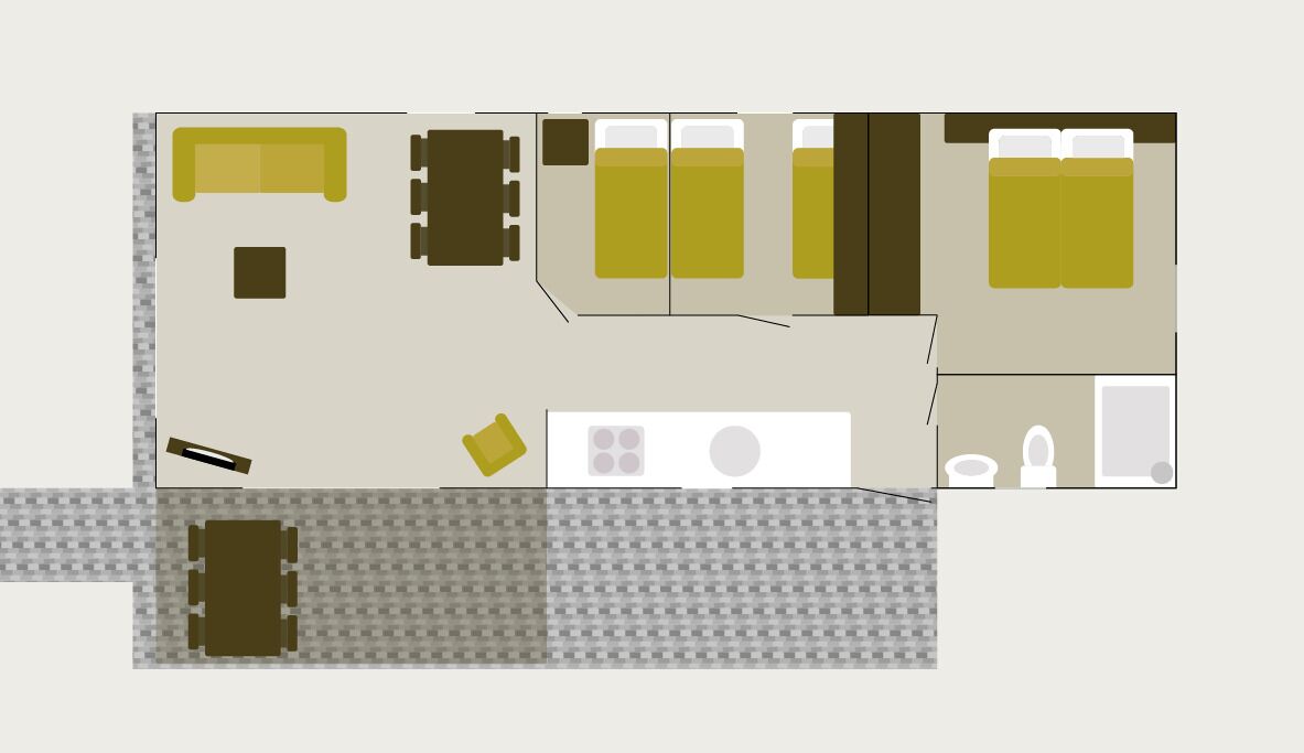 A hotel room layout with a bed, a desk, a chair, a small table, a sofa, and a bathroom.