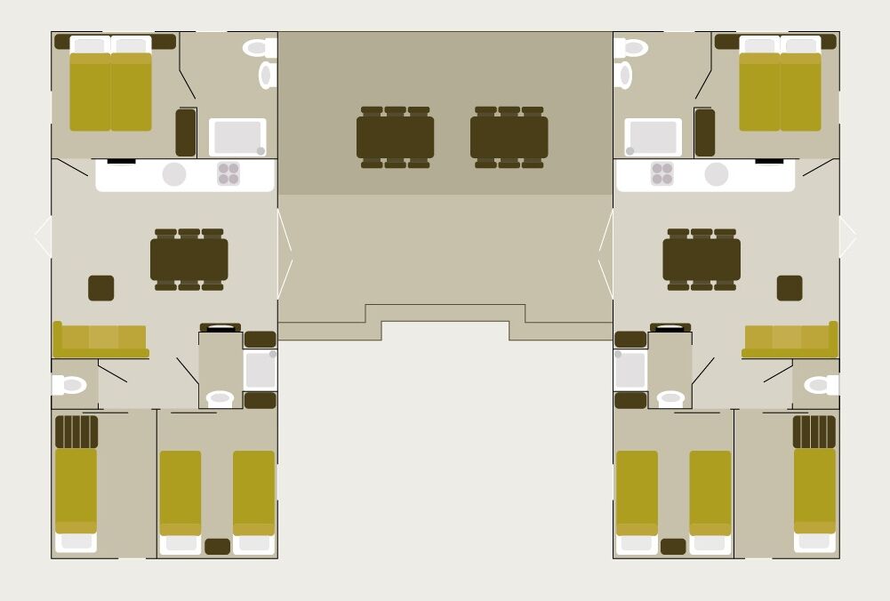 Distribución de un hotel con dos habitaciones, cocina, comedor y baño.