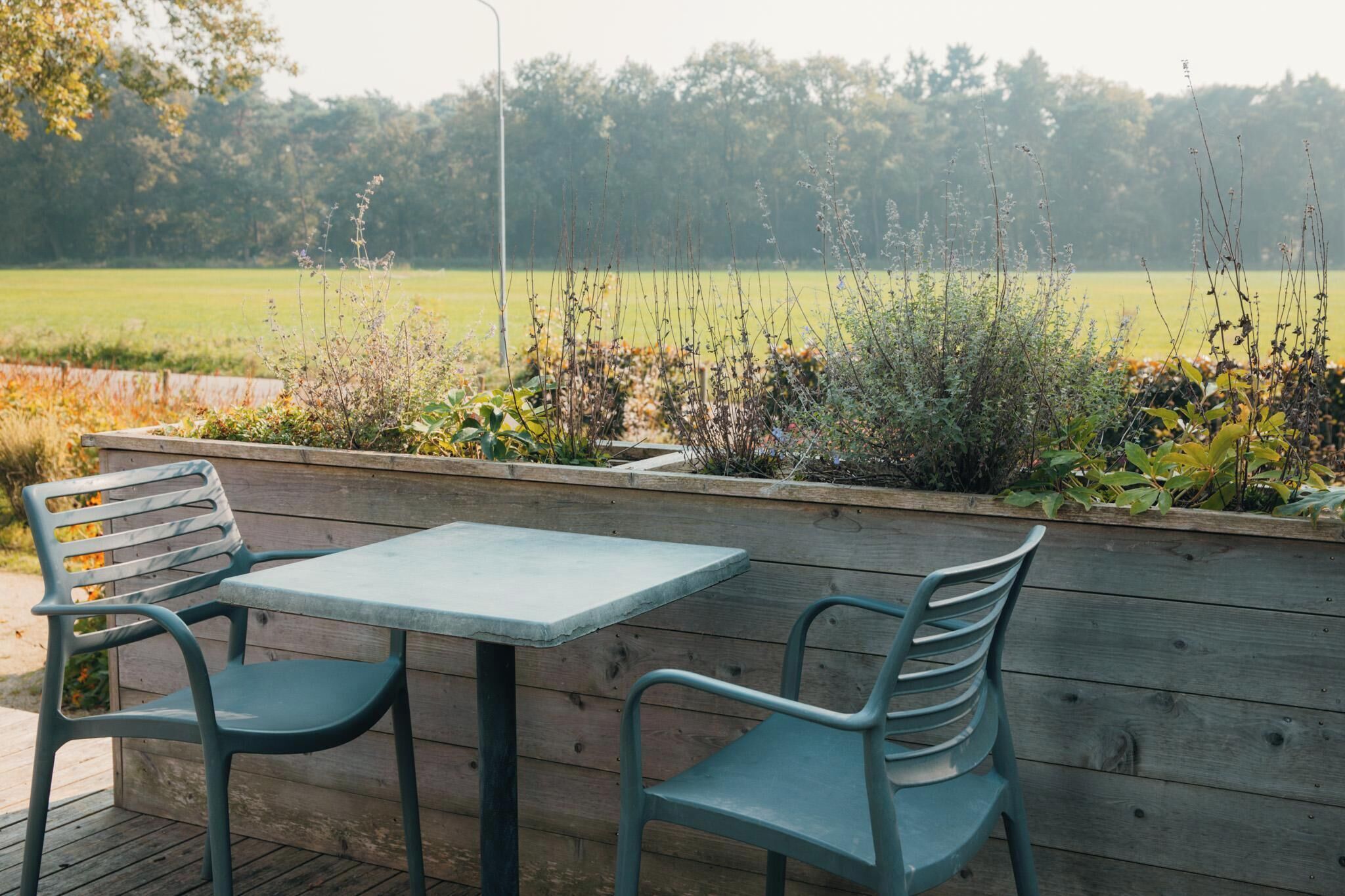 An outdoor seating area with a table and two chairs, surrounded by a wooden planter with various plants.