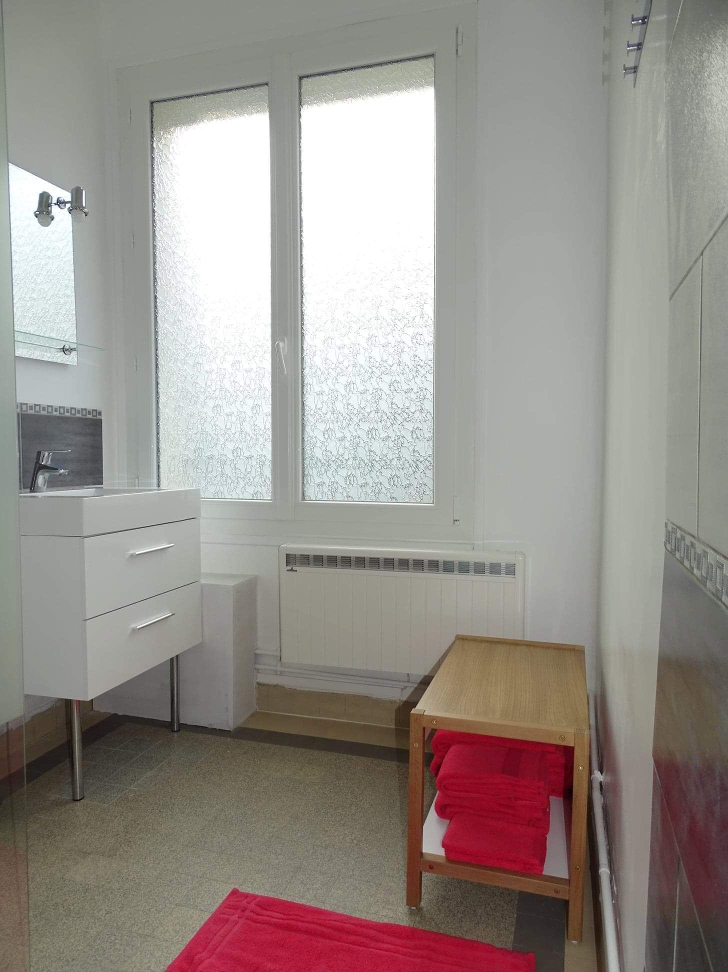 Shower, hair dryer, towels, toilet paper