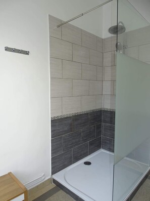 Shower, hair dryer, towels, toilet paper