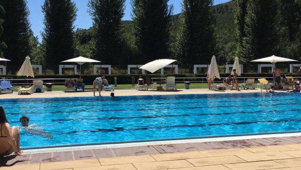 A swimming pool with lounge chairs and umbrellas, surrounded by trees.