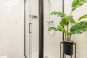 Dusche, Haartrockner, Handtücher, Seife