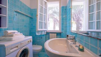 Shower, rainfall showerhead, bidet, towels