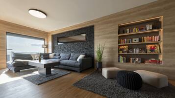 Smart TV, fireplace, DVD player, books