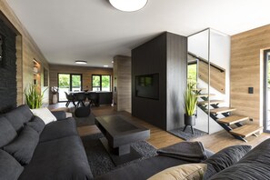 Smart TV, fireplace, DVD player, books