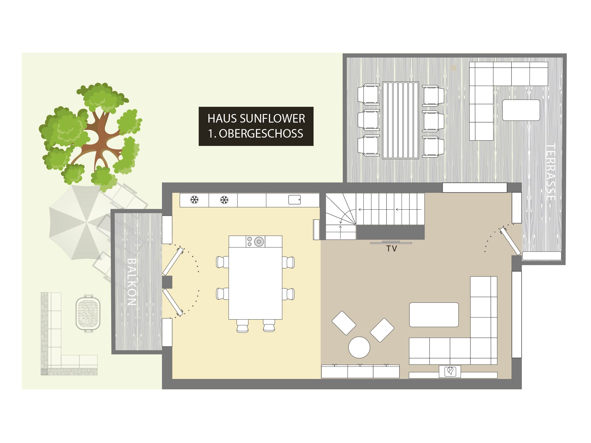 A hotel layout with a dining area, TV room, and a balcony with a tree.