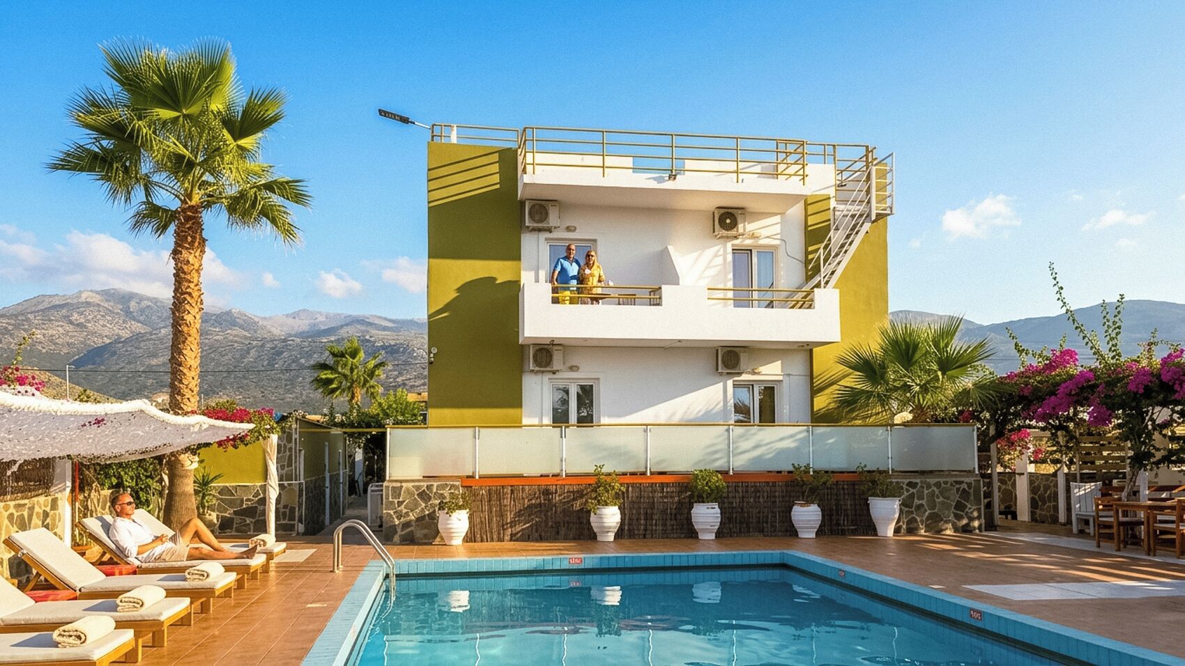 A hotel with a pool, lounge chairs, and a view of mountains.