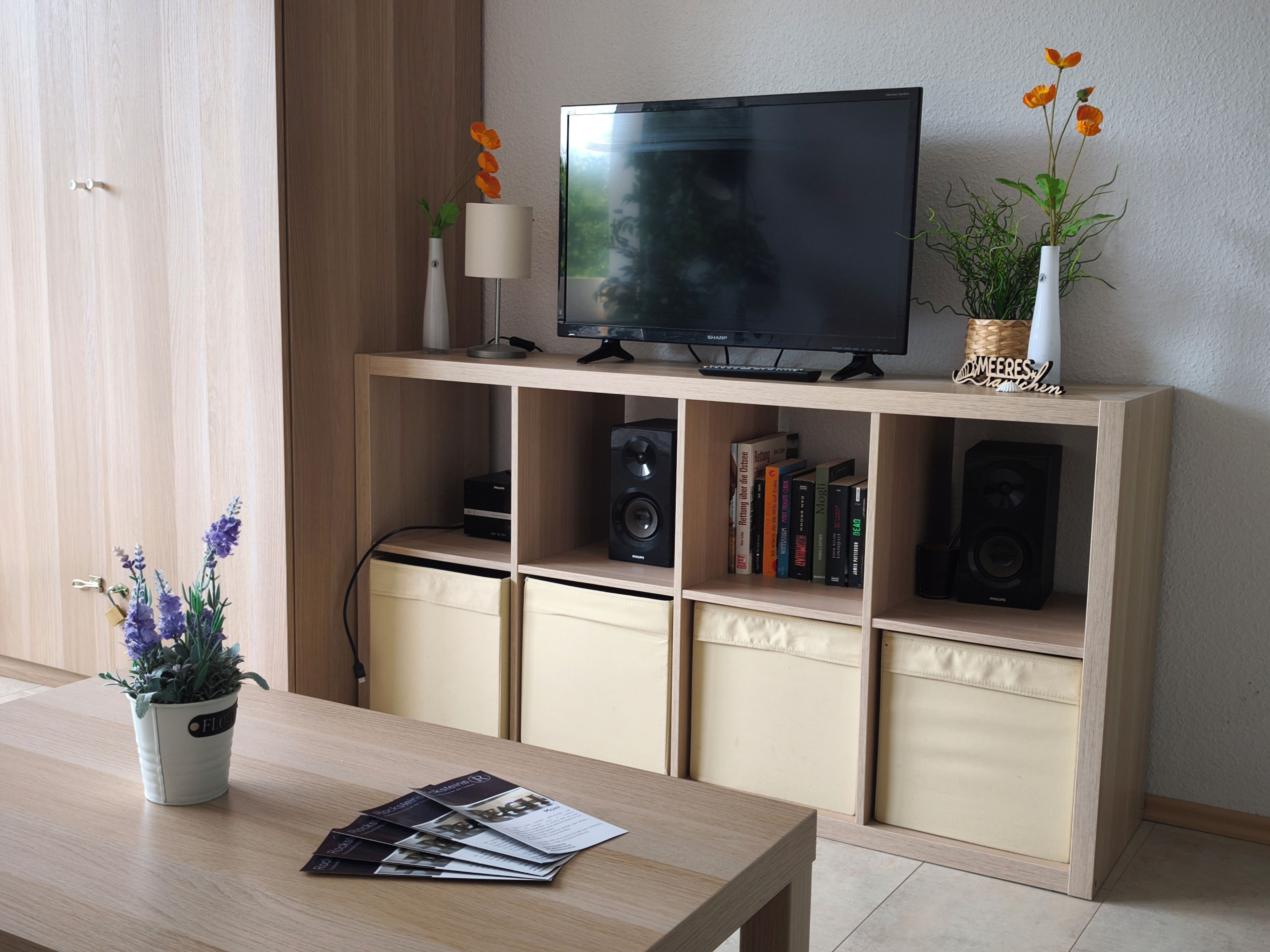 A modern living room with a flat-screen TV, books, and decorative plants on shelves.