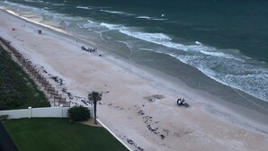 A beach with a view of the ocean and storm clouds overhead.