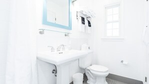 A modern bathroom with a white sink, a toilet, and a glass shower enclosure. - Rehoboth Beach pet friendly hot tub Canalside Inn (Rehoboth Beach)